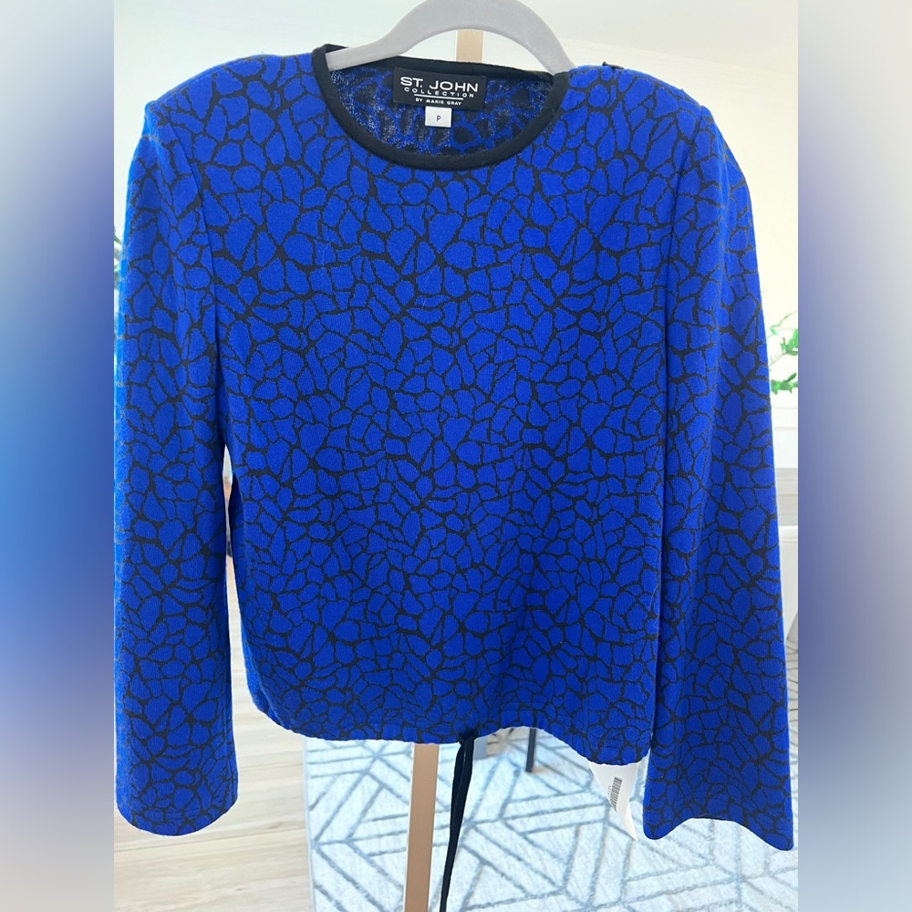 St. John Collection Blue Black Knit Animal Print Sweater Top Size P